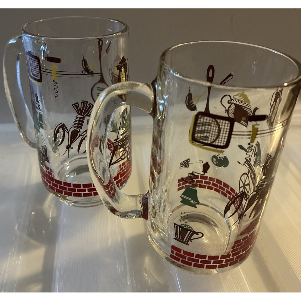50s SET OF 2 Hazel Atlas Americana Beer Mug Glass Stein Kitchen Cookout MCM VTG